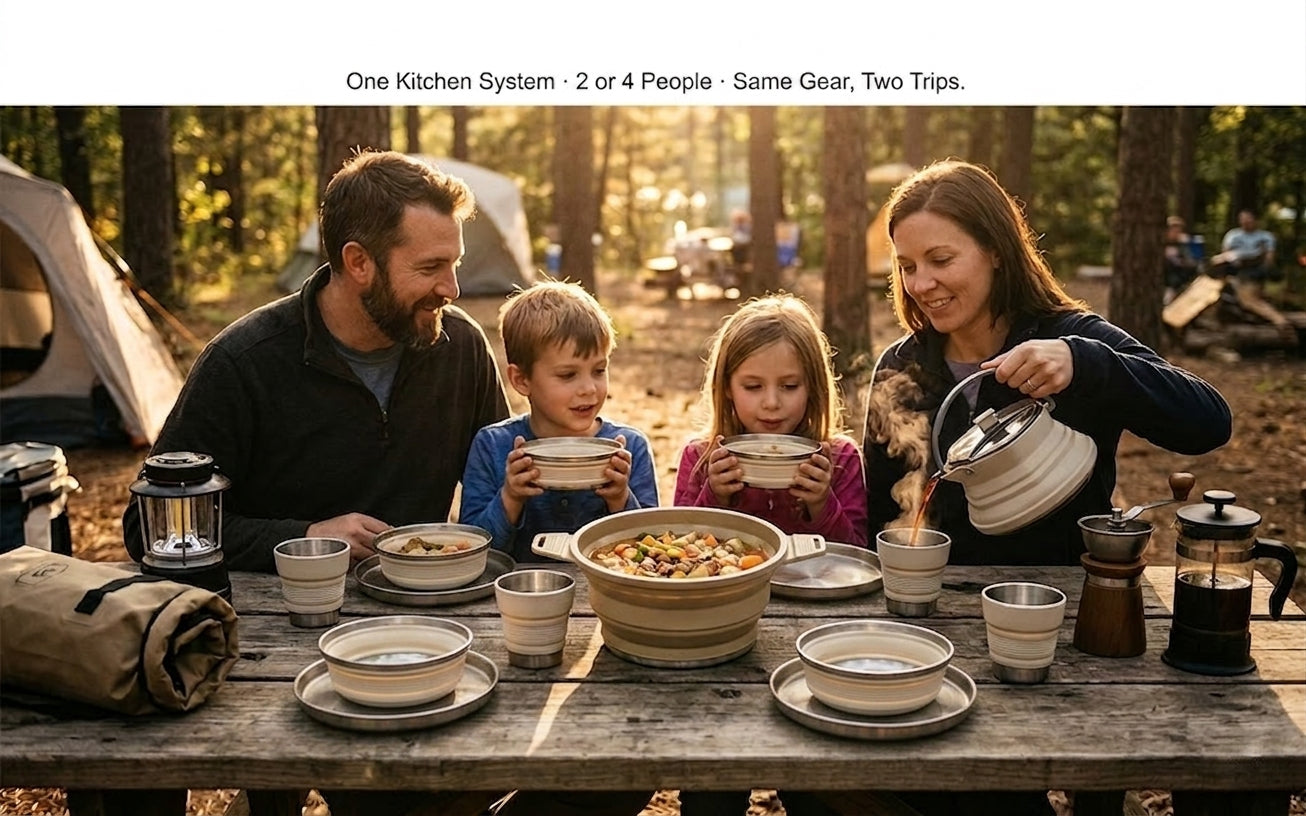 Family Camping Cookware for 4: What Actually Scales (Without Buying a Second Set)
