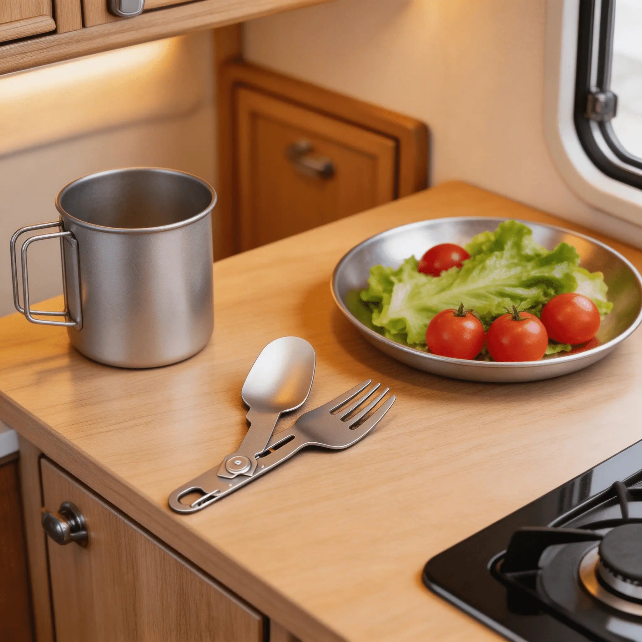 Titanium Collapsible Spork – Rotating Camping Tableware