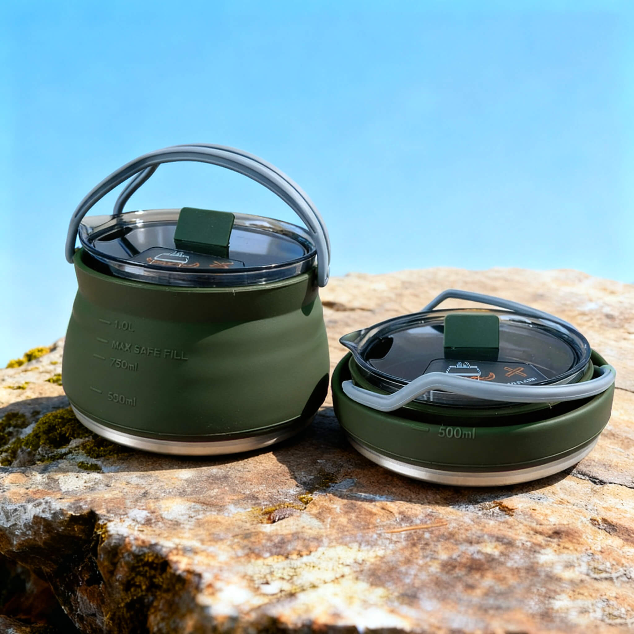 Juego de hervidor de camping plegable con taza y bol – 1000 ml. Utensilios de cocina portátiles.